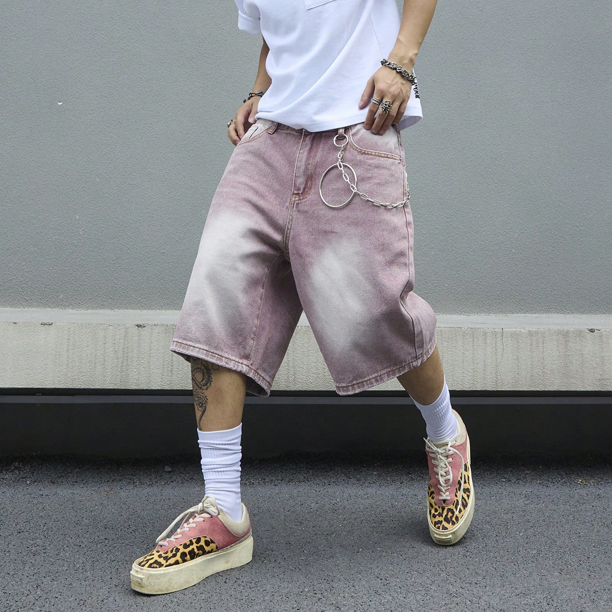 Men's Pink Gradient Denim Shor - Street Fashion Baggy review and price